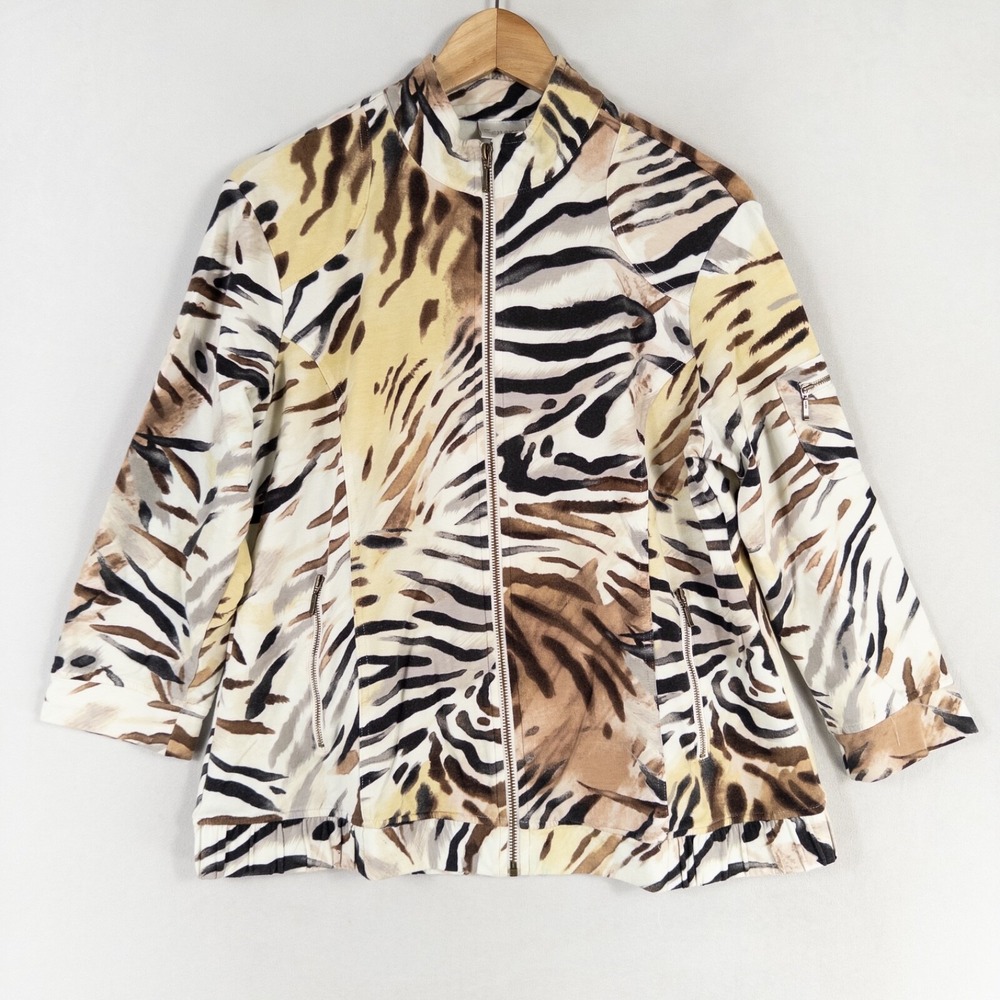 Chico's Zenergy Top Sweatshirt Sz 1 US Medium 8 Animal Print Zip Up French Terry